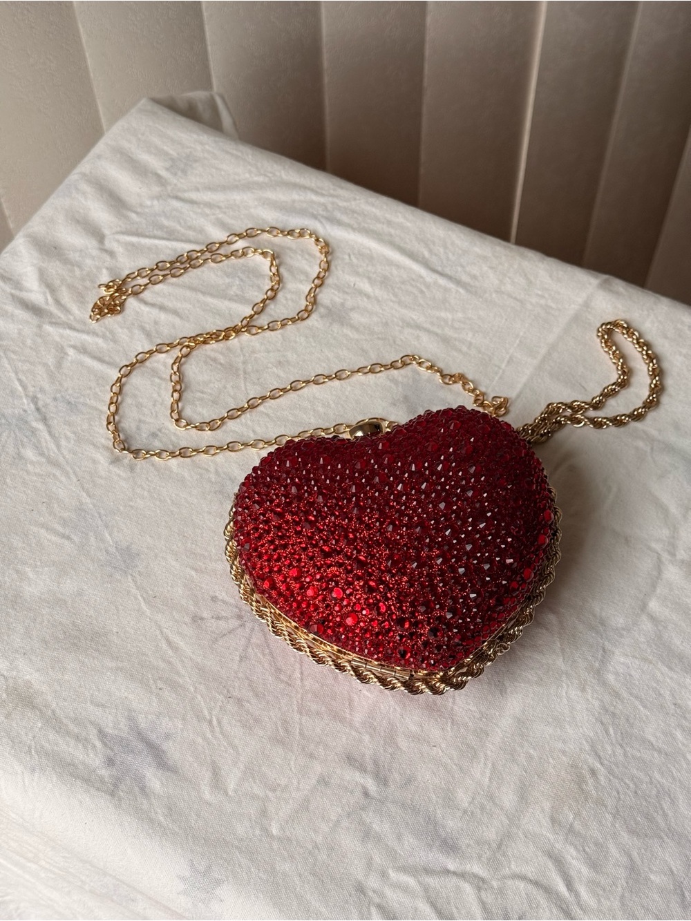 Red Crystal Heart Mini Crossbody with Gold Chain Trim